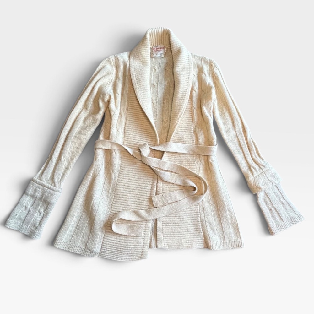 Vintage De Rotchild Shetland Wool Cable Knit Belted Cardigan Shawl Collar Cream